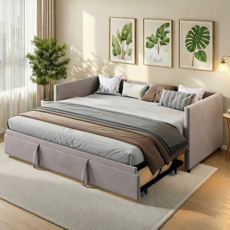 Lit gigogne capitonné 90 x 200 cm/180 x 200 cm–Canapé-Lit 2 Places en Velours–Canapé clic clac–Sommier à lattes–Salon Chambre–Design moderne–Gris