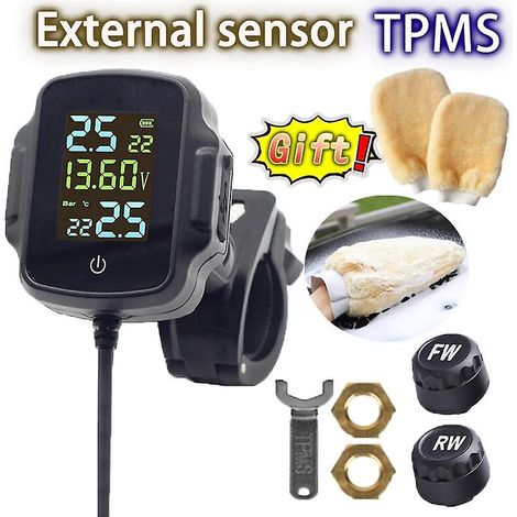 Sistema de alarma de monitoreo de presión de neumáticos (TPMS) inalámbrico con pantalla LCD para motocicletas, con 2 sensores y pantalla LCD. (1/5)