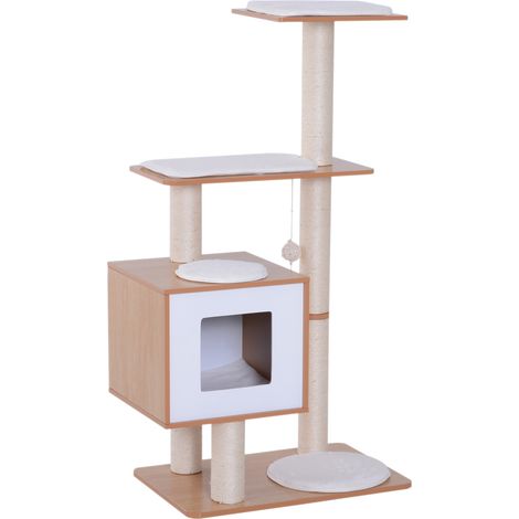 easycomfort tiragraffi gatto altezza 120cm con cuccia piattaforme e giochi sisal, mdf 71.5x49.5x120cm legno, bianco (1/5)