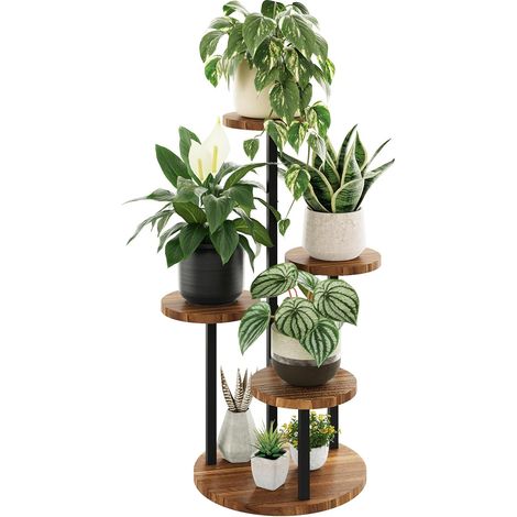 Étagère d'angle en bois pour plantes d'intérieur - Petit support de fleurs d'extérieur en métal pour fenêtre, balcon, salon, jardinage (4 niveaux)