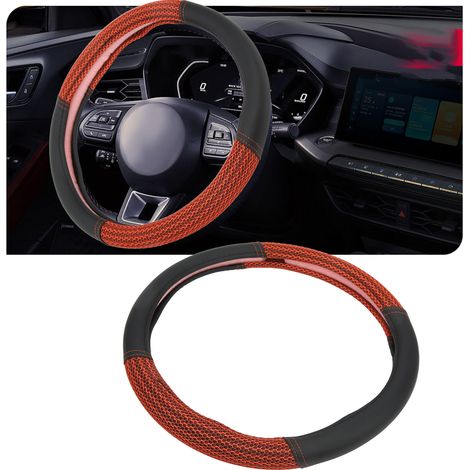 Housse de volant en cuir et soie glacée de 15 pouces pour voiture, rouge (1/5)