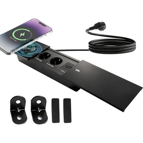 Multiprise encastrable, Prise rétractable à 2 Sorties avec Chargeur sans Fil 15 W et Port USB-C, Prise escamotable avec Cache Coulissant pour Bureaux, Tables Basses et Tables de conférence (1/5)
