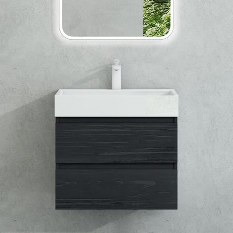 Mai & Mai Meuble sous Lavabo Bois de Soie Noir Meubles de Salle de Bain 60x38x56cm Meuble Suspendu avec 2 Tiroirs + Lavabo + Bonde Verona (1/5)