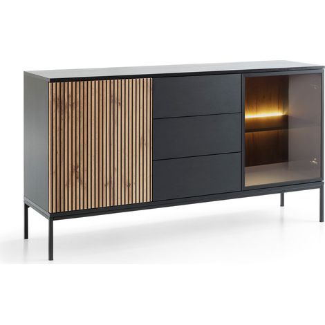 Sideboard mit Schubladen Haller - Kommode 154 cm mit Holzbeinen - 2 Türen, Lamellen, LED-Beleuchtung - Loft Stil (Wotan Eiche / Schwarz) (1/5)