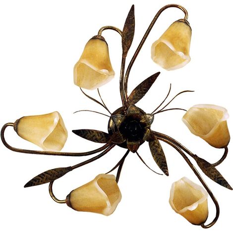Plafonnier 6 lumières en métal marron avec nuances dorées et verres ambre (1/2)