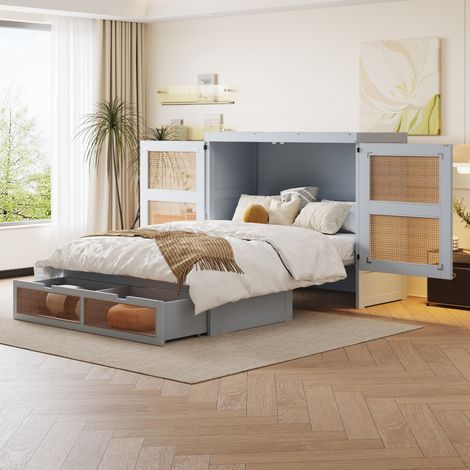 Bett Schrankbett platzsparend 140x200 Holz Grau OKMYHOME (1/5)