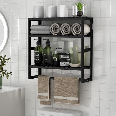Étagère flottante murale en bambou à hauteur réglable avec porte-serviettes pour salle de bain et cuisine (noir, 1 pièce)-Chrom (1/5)
