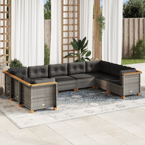 Ensemble Salon Jardin 9 Places Gris Résine Tressée Modulable avec Coussins Amovibles [Dimensions: 63.5x63.5x62 cm, Charge 110 kg] (1/5)