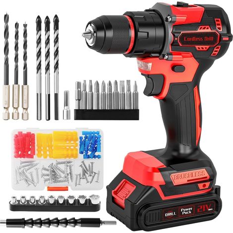 Perceuse Visseuse Sans Fil Brushless 21V, Perceuse Percussion 60 Nm, Batterie 2,0 Ah, Mandrin Métal 10 mm, 2 Vitesses 25+3 Couples, Visseuse Dévisseuse avec 87 Accessoires Bricolage (Rouge) (1/5)