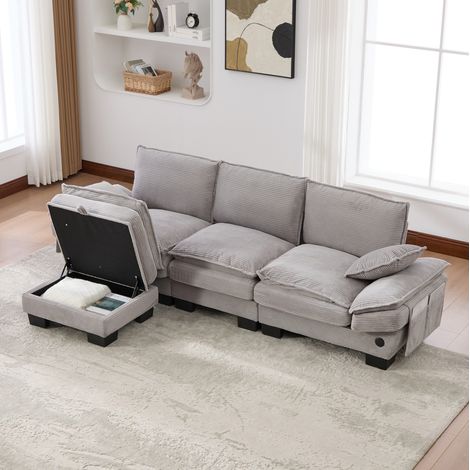 Sofa 3-Sitzer modular aus Cord in Hellgrau mit Hocker, USB-C, 260 x 132 x 84 cm (1/5)