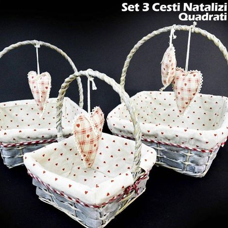 TrAdE Shop Traesio - Set 3 Cestini Natalizi Quadrati In Vimini E Tessuto Diametro 38/33/28 Cm Grigio -