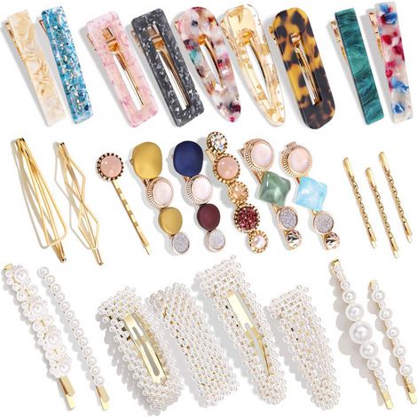 Juego de 28 pinzas para el pelo hechas a mano de resina acrílica y perlas con formas geométricas de mármol y pedrería - Elegantes accesorios para el pelo (1/3)