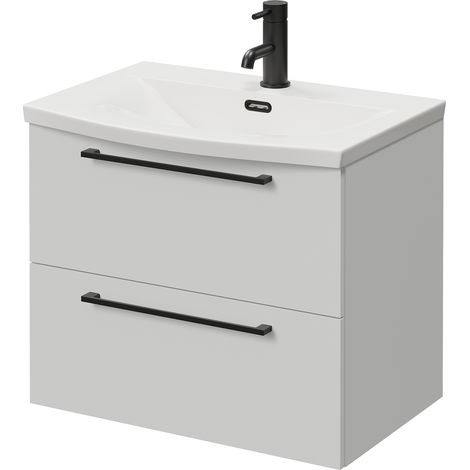Napoli 390 Gloss Grey Pearl 600mm Wall Mounted 2 Drawer Vanity Unit with Arc Basin - 600mm - Matt Black 320mm Handle