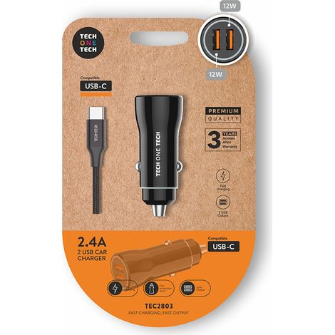 Chargeur Allume-cigare Usb-a Tech One Tech Double Port Usb-a, 12w, Avec Câble Usb-c - Tech One Tech