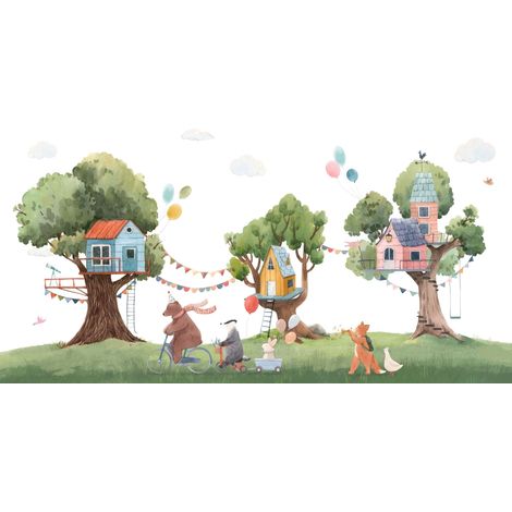 papier peint panoramique fête arbre avec animaux vert, bleu et blanc - ESTAhome (1/5)