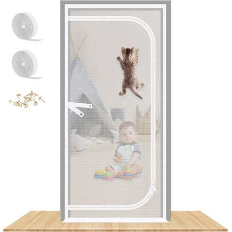 Reinforced Cat Screen Door, 90X210CM Heavy Duty Pets Proof Screen Door with Bilateral Zipper, Prevent Dogs Cats Running Out from Home, Bedroom, Living Room, Kitchen Patio Door (1/4)