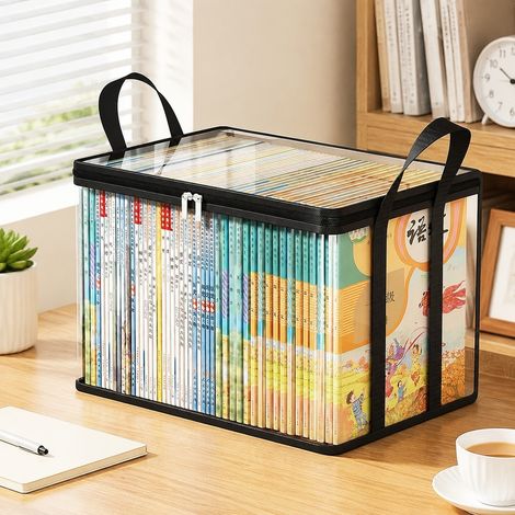 Boîte de Rangement Livres Pliable en PVC Transparent Noir avec Couvercle Anti-Poussière, Moyen Modèle 24 x 25 x 32 cm, pour Chambre, Bureau et Salon (1/5)