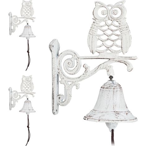 Relaxdays 3x Cast Iron Door Bells, Owl, Antique Design, with Cord, Weatherproof, Garden Decoration, 26.5x19x11 cm, White