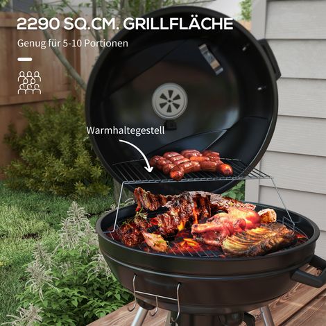 Barbecue charbon de bois 54 cm avec grille de chauffe, étagère, tiroir cendrier, thermomètre, 55x65x89 cm, noir