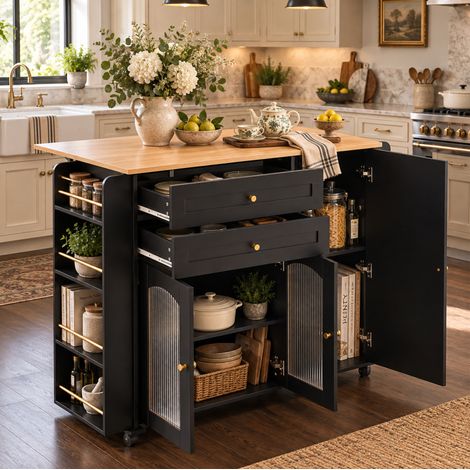 Îlot de cuisine mobile 110 cm avec plateau de travail rabattable, 2 tiroirs, portes vitrées, étagères latérales, roulettes avec frein et grand rangement – CHICFURN (1/5)