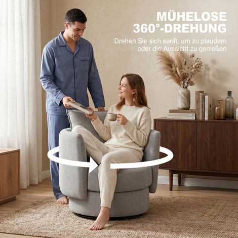 Fauteuil d'accent pivotant à 360°, chaise club loisir en lin gris clair avec coussin (1/5)