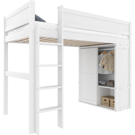 Lit mezzanine enfant 90x200 cm en pin blanc avec armoire intégrée, rangement sous le lit et espace ouvert modulable, sans matelas, pour chambre d’enfant CHICFURN (1/5)