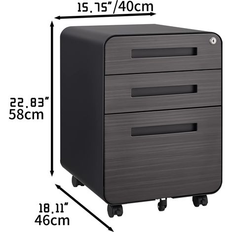 Rollcontainer schwarz aus Metall mit 3 Schubladen, abschließbar, 5 Rollen, für A4/Letter/Legal-Hängeregister (1/5)