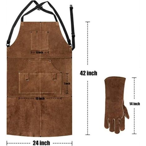 Tablier de soudeur en cuir - - 6 poches - Anti-chaleur - Ignifuge - Réglable M à XXXL - 61x107 cm (1/4)