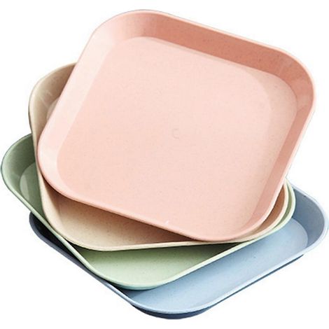 Lot de 4 assiettes carrées en paille de blé de 15 cm, mini-vaisselle (1/5)