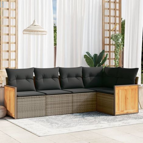 Ensemble Canapé Jardin 5 Pièces Résine Tressée Gris avec Coussins Amovibles (1/5)