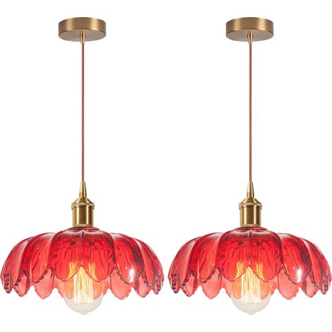 2PCS Rétro Lustre Suspension en Verre forme Fleur Vintage E27 Lampe de Plafond Abat-jour pour Chambre Cuisine Salon Salle à Manger Rouge