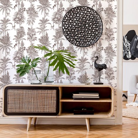 Papier peint intissé pré-encollé - TROPICAL PALMIERS VINTAGE BLANC ET BRUN - 1 rouleau de 300x60cm (1/5)