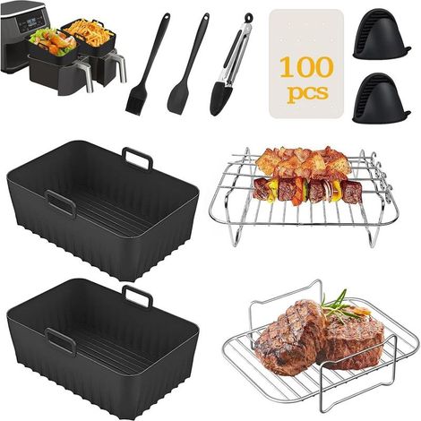 Ninja Lot de 10 accessoires pour friteuse à air comprimé avec doublure en silicone, double porte-friteuse à air, 100 pièces doublure en papier et gants en silicone pour Ninja Dual AF300UK AF400UK (1/5)