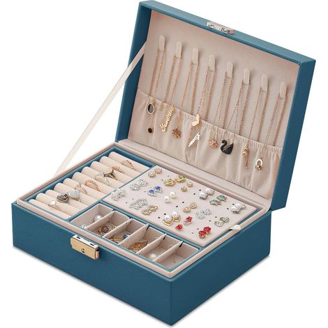 1 Boîte à bijoux, Cuir, 2 niveaux, Verrouillable, Organiseur voyage, Vert (1/5)
