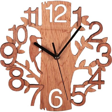 Horloge murale en bois design oiseaux et arbres, silencieuse 22x22cm, décoration créative pour salon ou bureau (1/4)