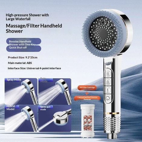 Pommeau de douche multifonction argenté à 4 modes de pression, réglable, avec large jet et fonction massage, accessoire de salle de bain. (1/5)