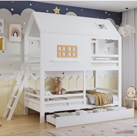 Letto a castello 90x200 cm bianco e naturale in legno con 2 cassetti (1/4)