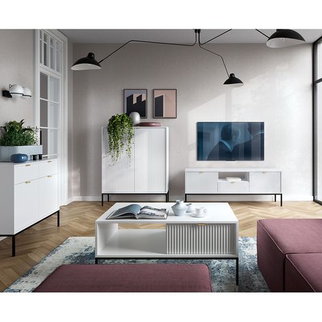 Wohnmöbel Set weiß, Fußgestell schwarz, NEWCASTLE-160, 4-teilig inkl. Couchtisch (1/5)
