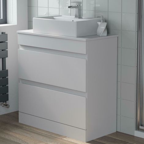 Countertop Vanity Unit & Basin Floor Standing Bathroom Furniture Drawer White Gloss 800mm with 505mm Rectangular Basin