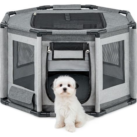 Dog Enclosure Oxford Fabric Breathable Mesh Zipper PVC Frame Indoor Outdoor Grey (1/5)