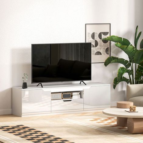 Mueble de TV blanco brillante, con sistema de gestión de cables, 2 puertas, 1 cajón, mueble de salón, 160 x 38 x 43 cm (1/5)