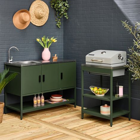 Cuisine extérieure Naxos 2 modules acier inoxydable vert barbecue au charbon avec évier (1/5)