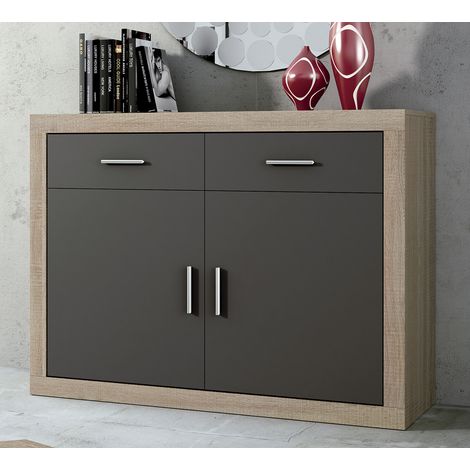 Buffet, meuble de rangement coloris chêne cambrian, graphite - Longueur 120 x profondeur 41,4 x hauteur 90,2 cm -PEGANE- (1/2)