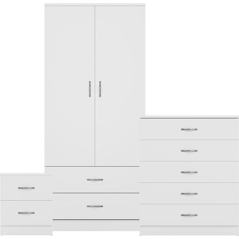 Riano 3 Piece Bedroom Set (2 Drw Bedside Chest, 5 Drw Chest, 2 Dr 2 Drw Wardrobe), White (1/3)