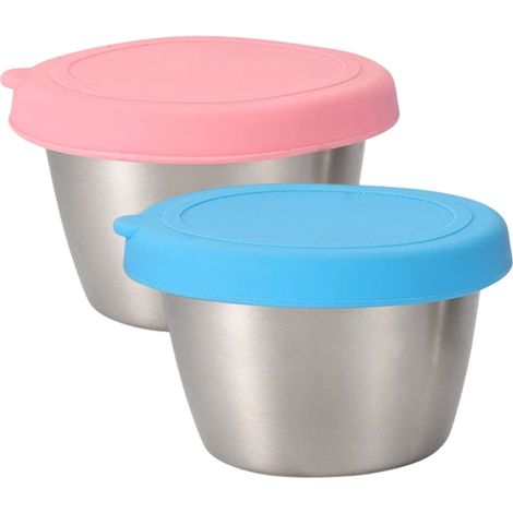 Set di 2 piccoli contenitori ermetici per salse, con coperchio, ideali come condimenti per insalate, piattini da dessert e ciotole per snack, in metallo inox.