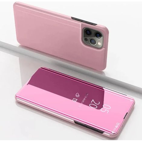 Étui pour iPhone 16 Plus rose, étui à rabat avec miroir intelligent, support en cuir plaqué, coque arrière antichoc (1/5)