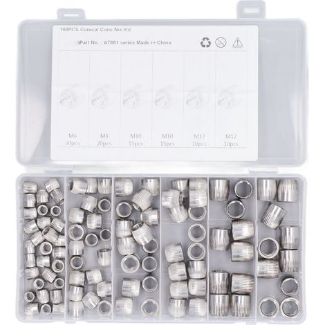 100 Stück Kegelmuttern aus Edelstahl 304, 6 mm, 8 mm, 10 mm, 12 mm, 4 Ausführungen, gerändelte Implosionsmuttern (1/5)