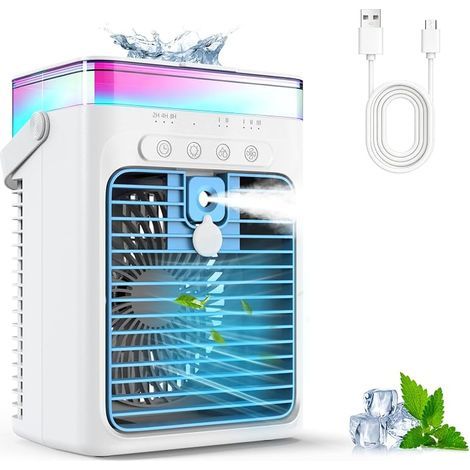 Climatiseur Portable, 3-en-1 Refroidisseur par Évaporation avec 3 Vitesses & 2 Modes Brumisation, 1000ml Mini Climatiseur, Ventilateur USB avec Lumière RGB & Minuterie pour Chambre Bureau Voiture (1/5)