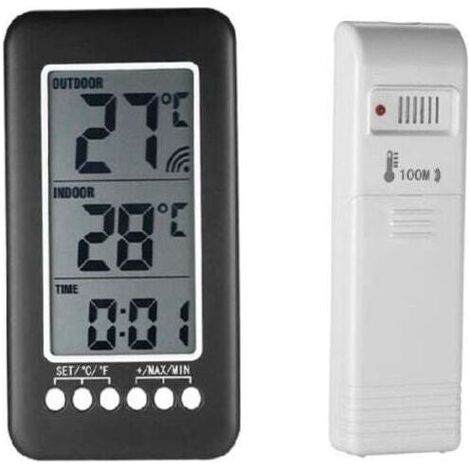 Thermometre Interieur Exterieur Sans Fil - LCD Affichage Horloge Température ℃ ℉ - Portée 100 M - Plage Ext -30 À 70 °C - 2 Pièces (1/4)