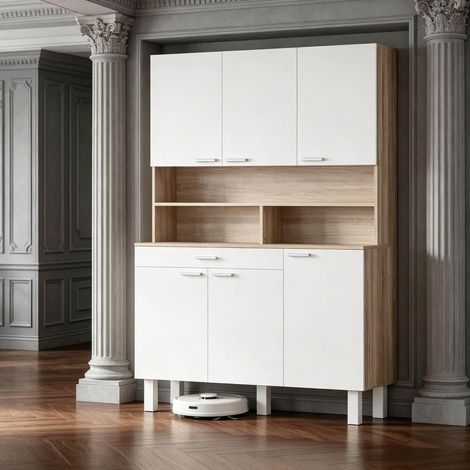 Credenza cucina 120x40x175 cm in truciolare bianco e legno salvaspazio – MEUBLIV (1/5)